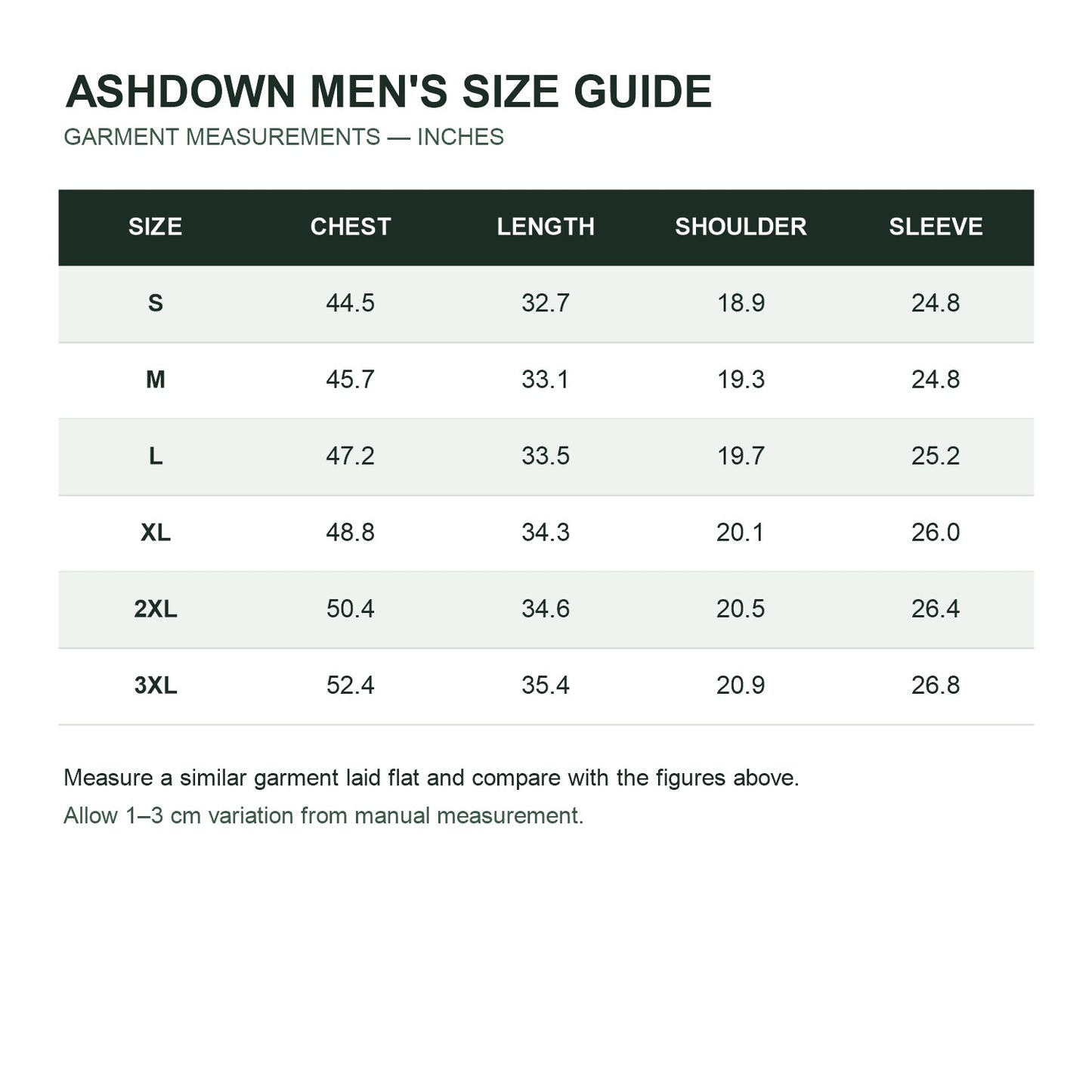 Ashdown Men's Lightweight Insulated Coat - size guide