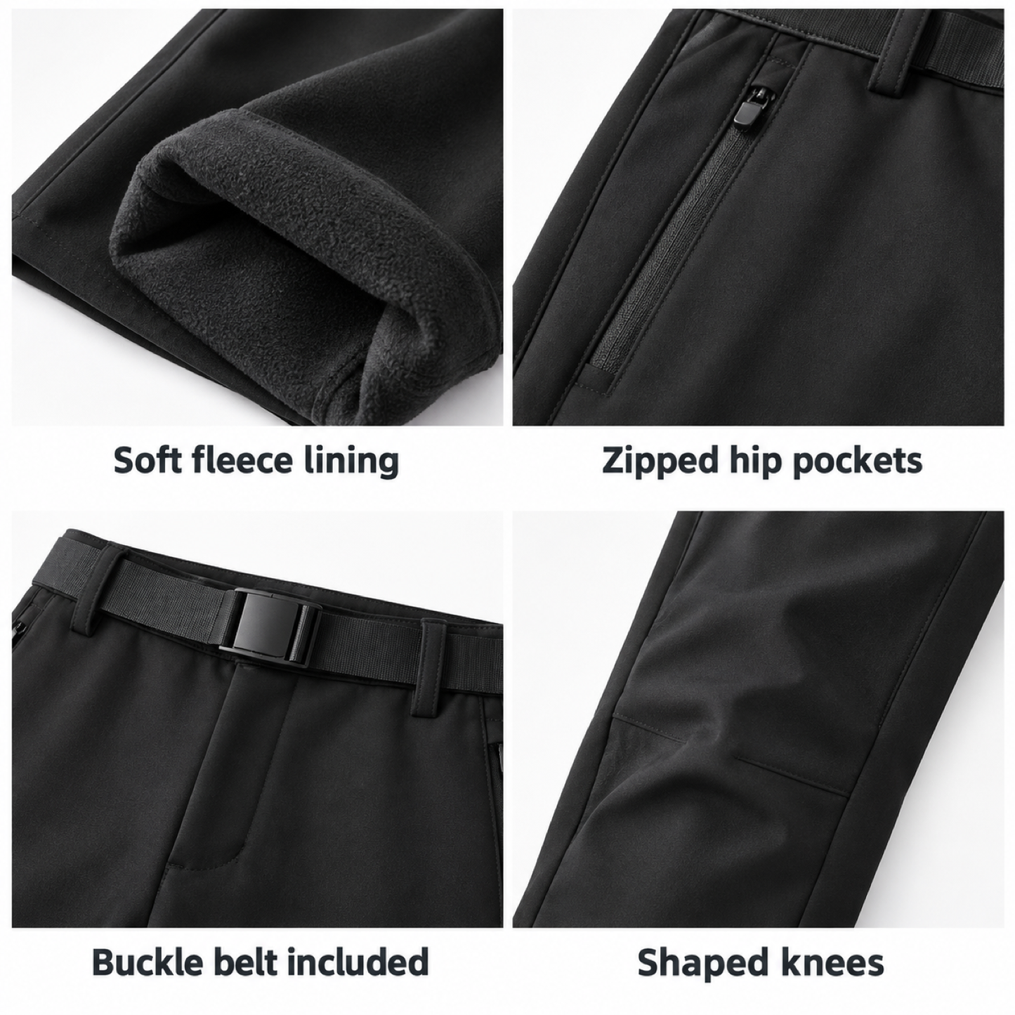 Malham trousers: fleece lining, zipped hip pockets, buckle belt and shaped knees