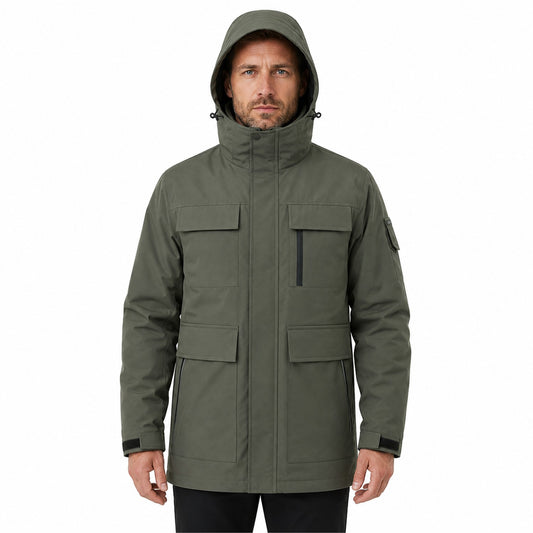 Man wearing the longer Sage Green Ribble jacket fully fastened with hood up