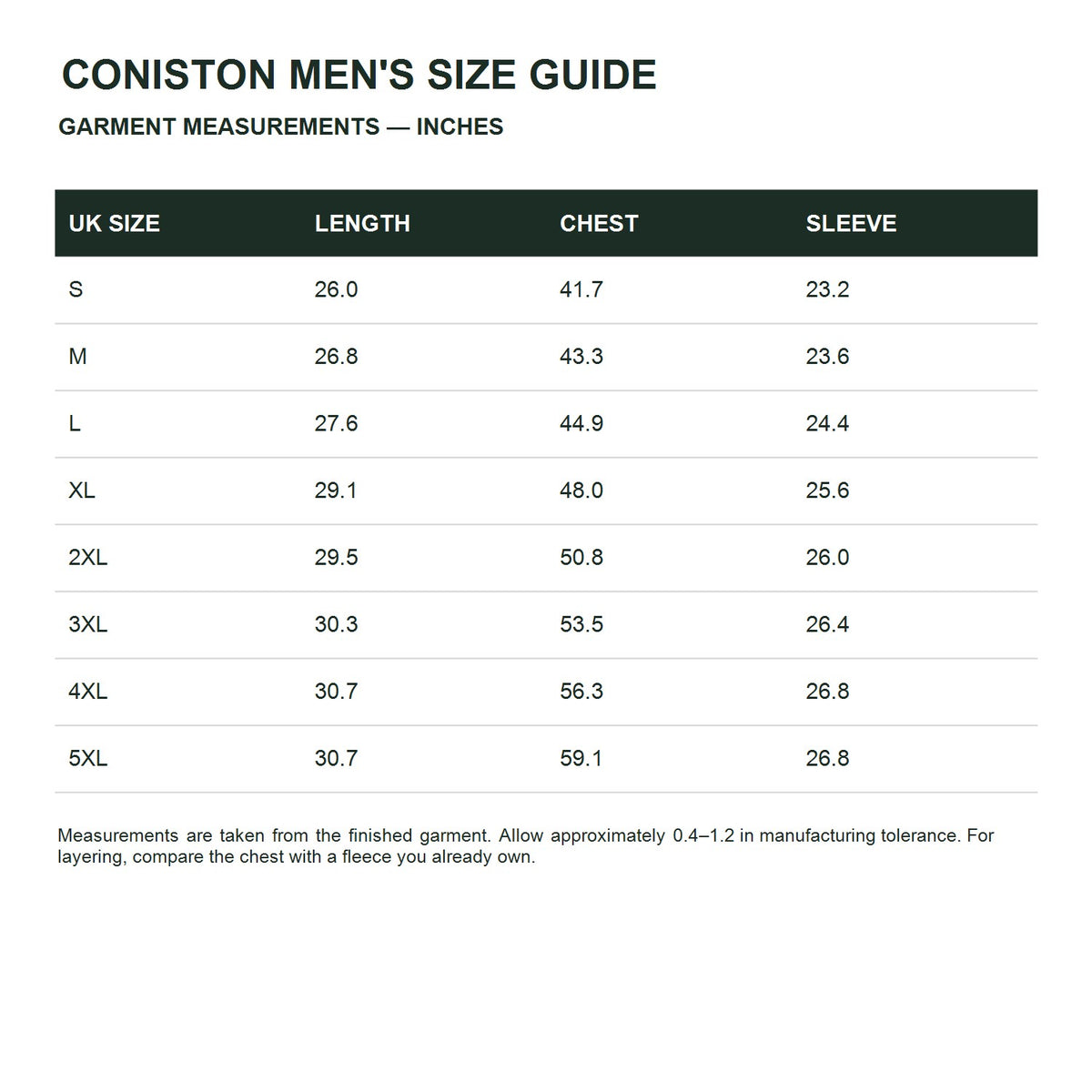 Coniston men's textured fleece midlayer - size guide
