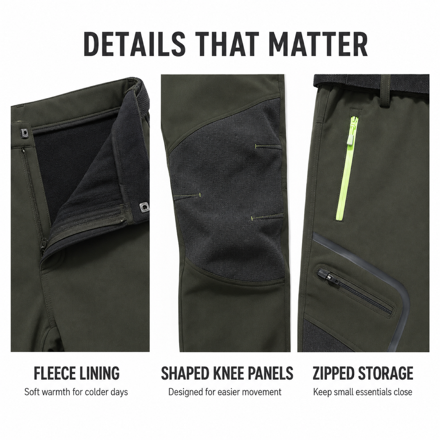 AC200001 men's fleece-lined softshell trousers — details