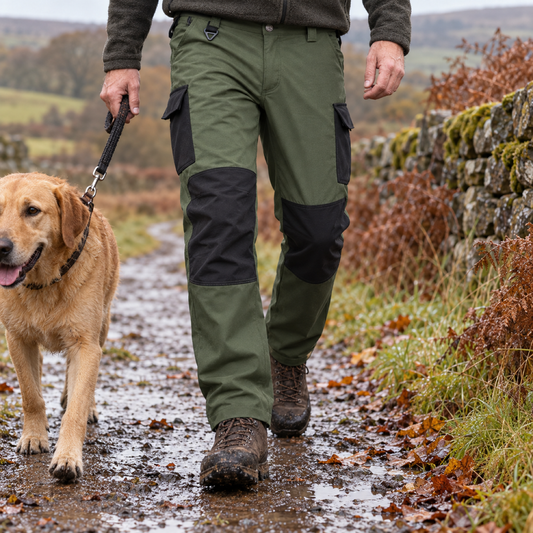 Dovedale men's fleece-lined cargo walking trousers: Army Green trousers on a countryside dog walk