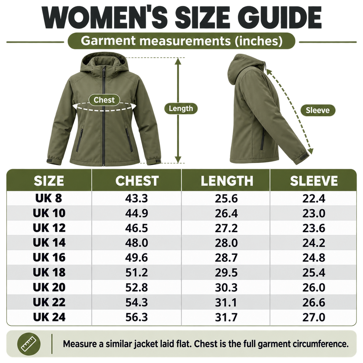 Angular Core women's AC102006 jacket size guide in inches