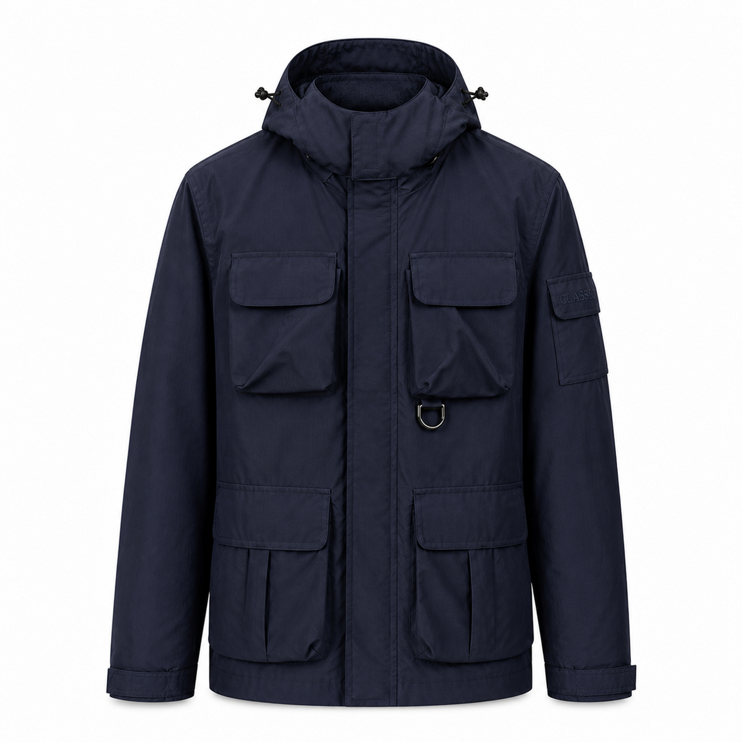 Wensley Hooded Utility Jacket in Dark Navy, front view