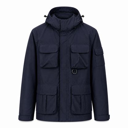 Wensley Hooded Utility Jacket in Dark Navy, front view