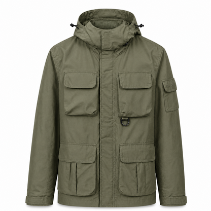 Wensley Hooded Utility Jacket in Military Green, front view