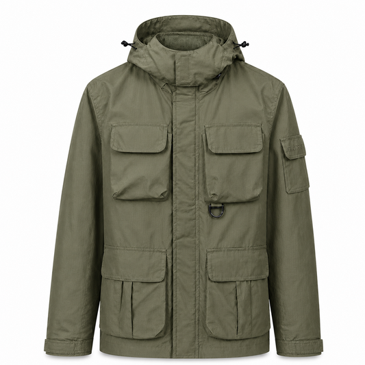Wensley Hooded Utility Jacket in Military Green, front view