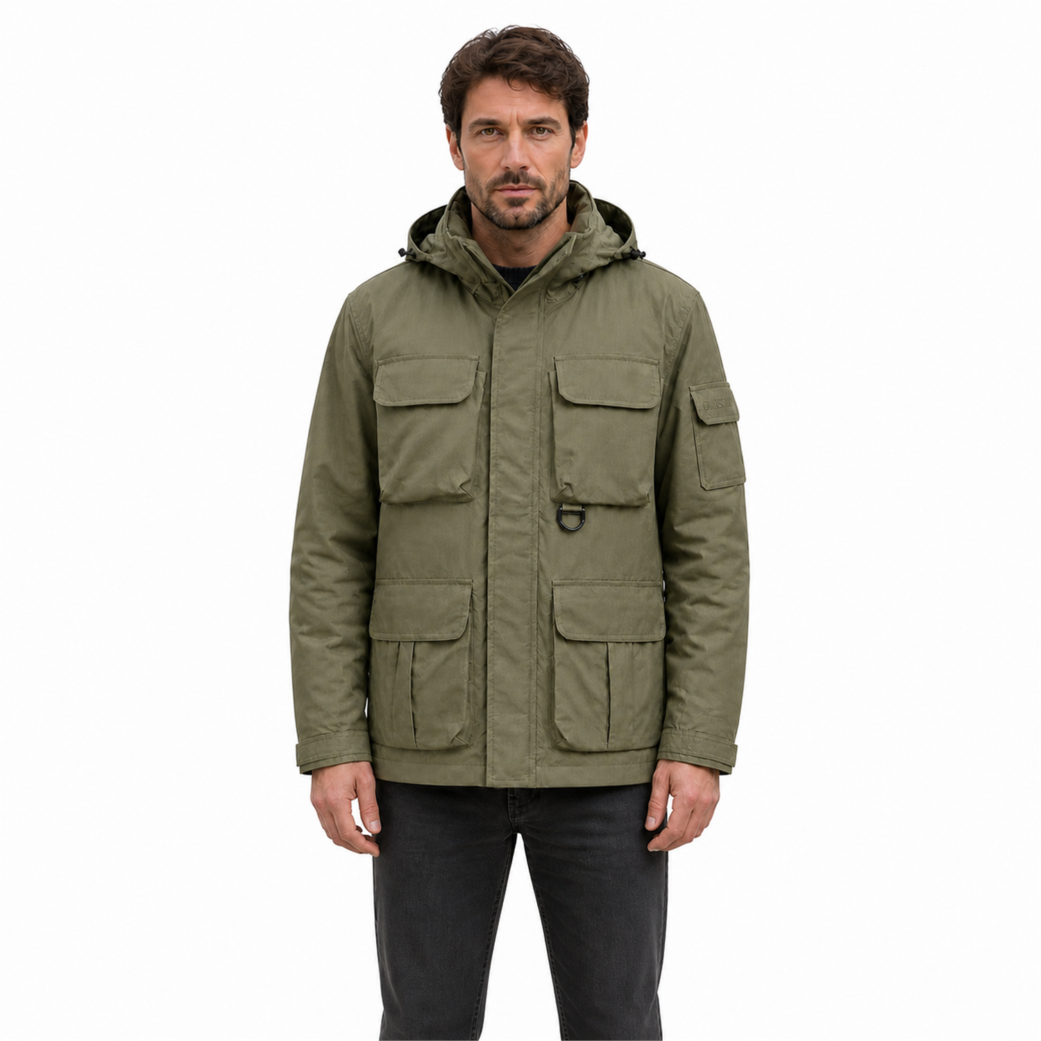 Wensley Hooded Utility Jacket in Military Green, studio model view