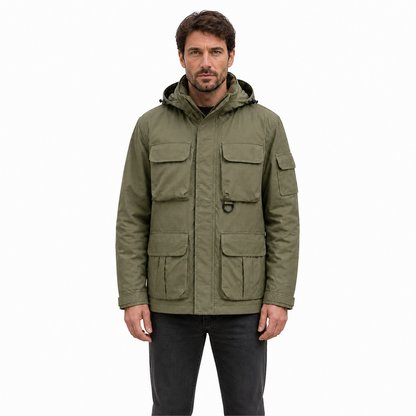 Wensley Hooded Utility Jacket in Military Green, studio model view