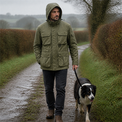 Wensley Hooded Utility Jacket in Military Green, rainy dog walk