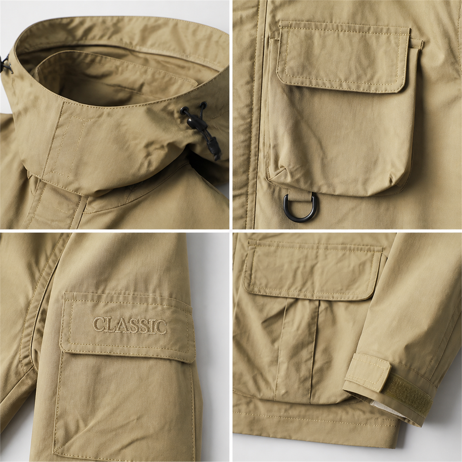 Wensley Hooded Utility Jacket key details: hood, pockets, sleeve utility pocket and cuffs
