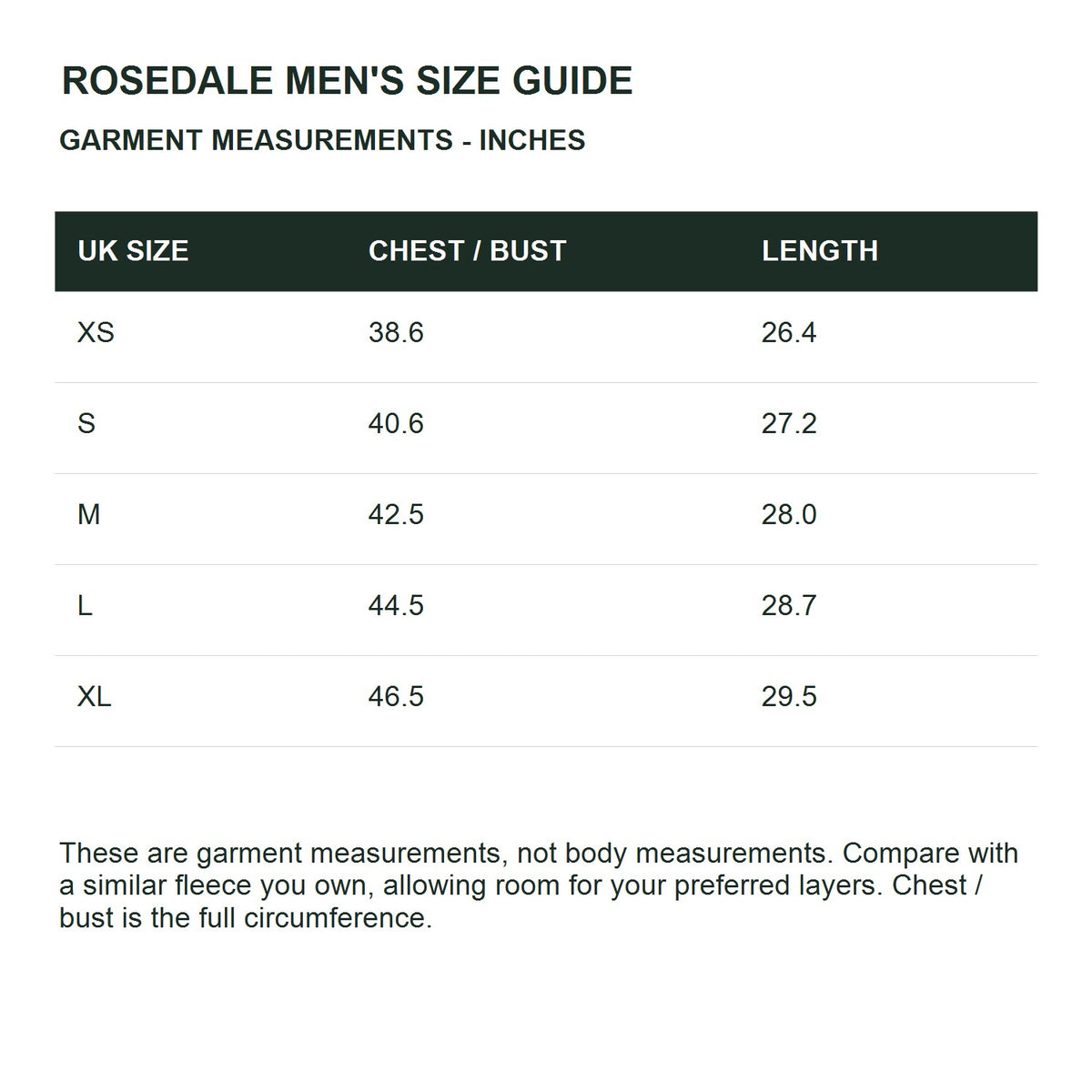 Rosedale men's half-zip fleece — size guide