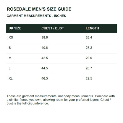 Rosedale men's half-zip fleece — size guide