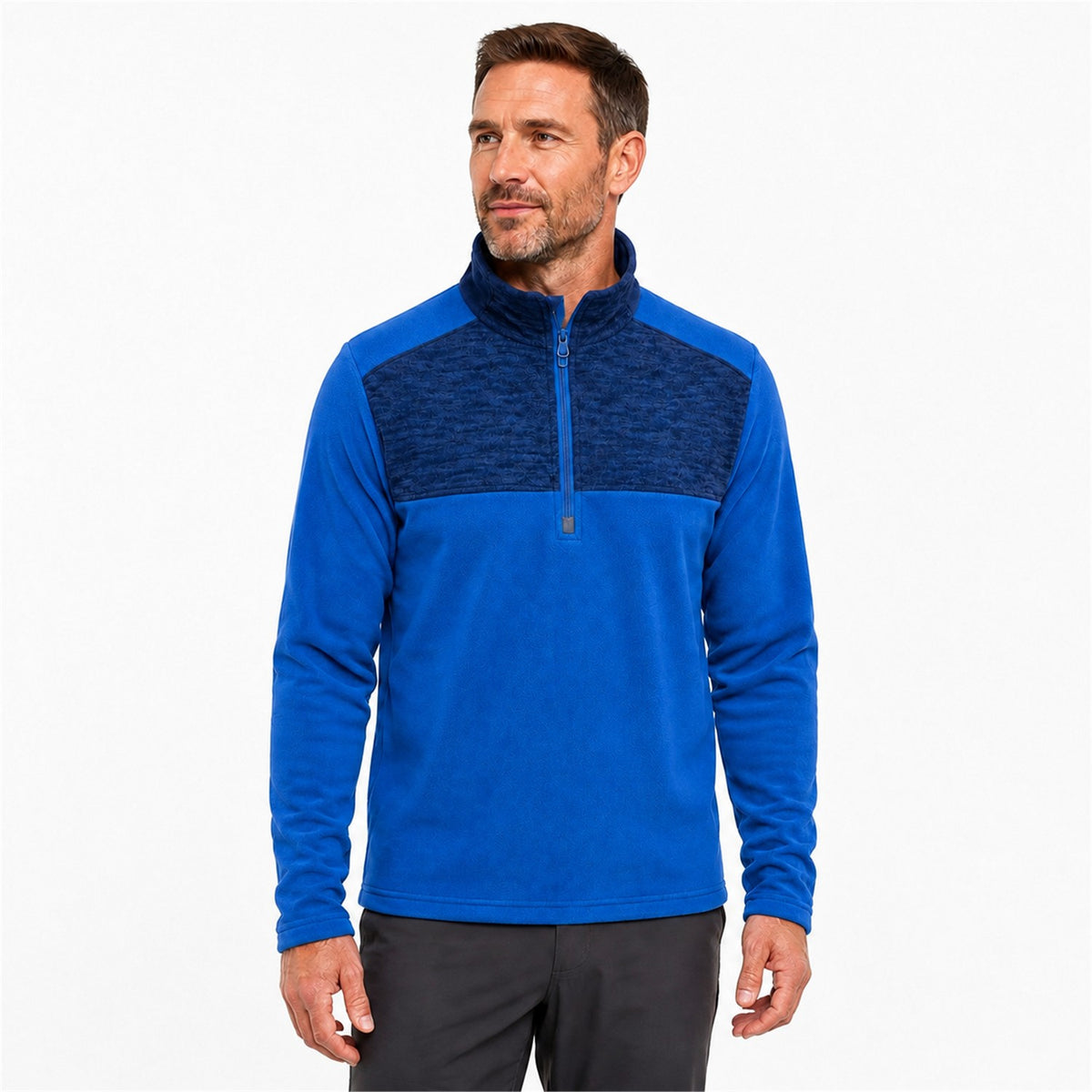 Rosedale men's half-zip fleece in Blue with navy chest panel, front view on a model against a white background