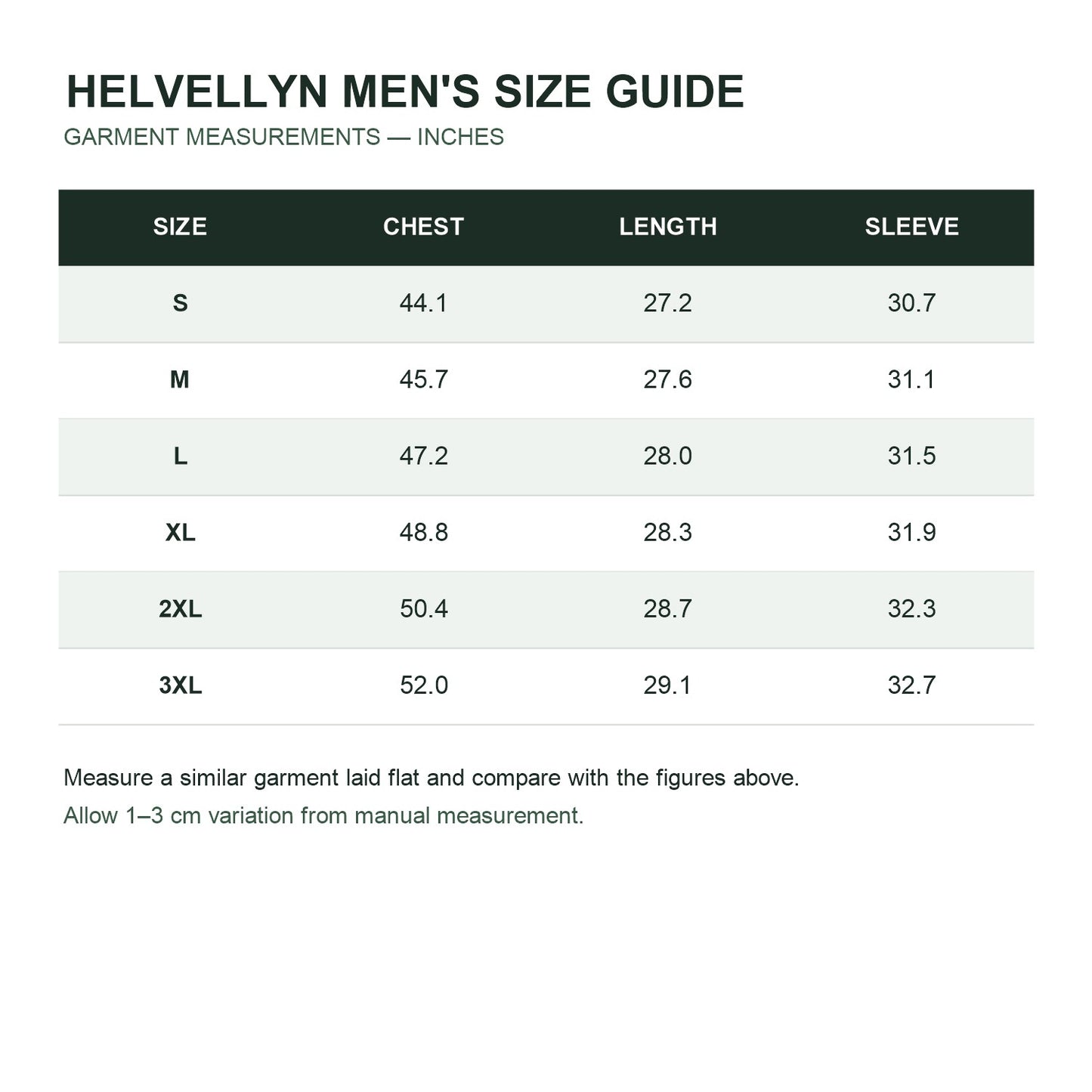 Helvellyn Men's Windproof Utility Jacket - size guide