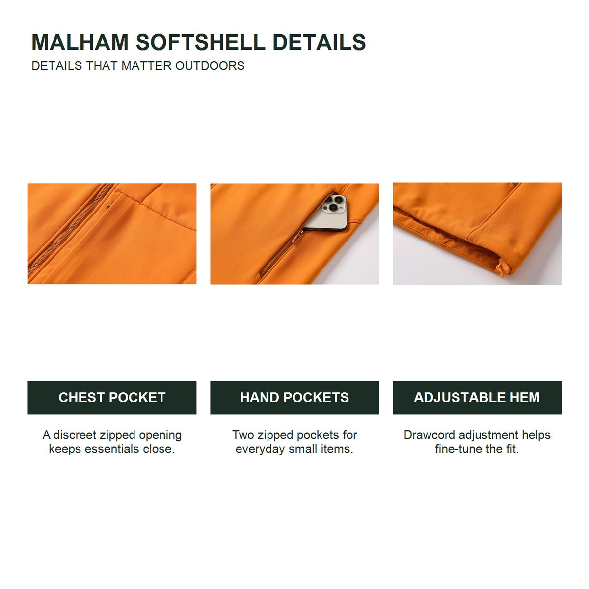 Malham fleece-lined softshell jacket — feature details