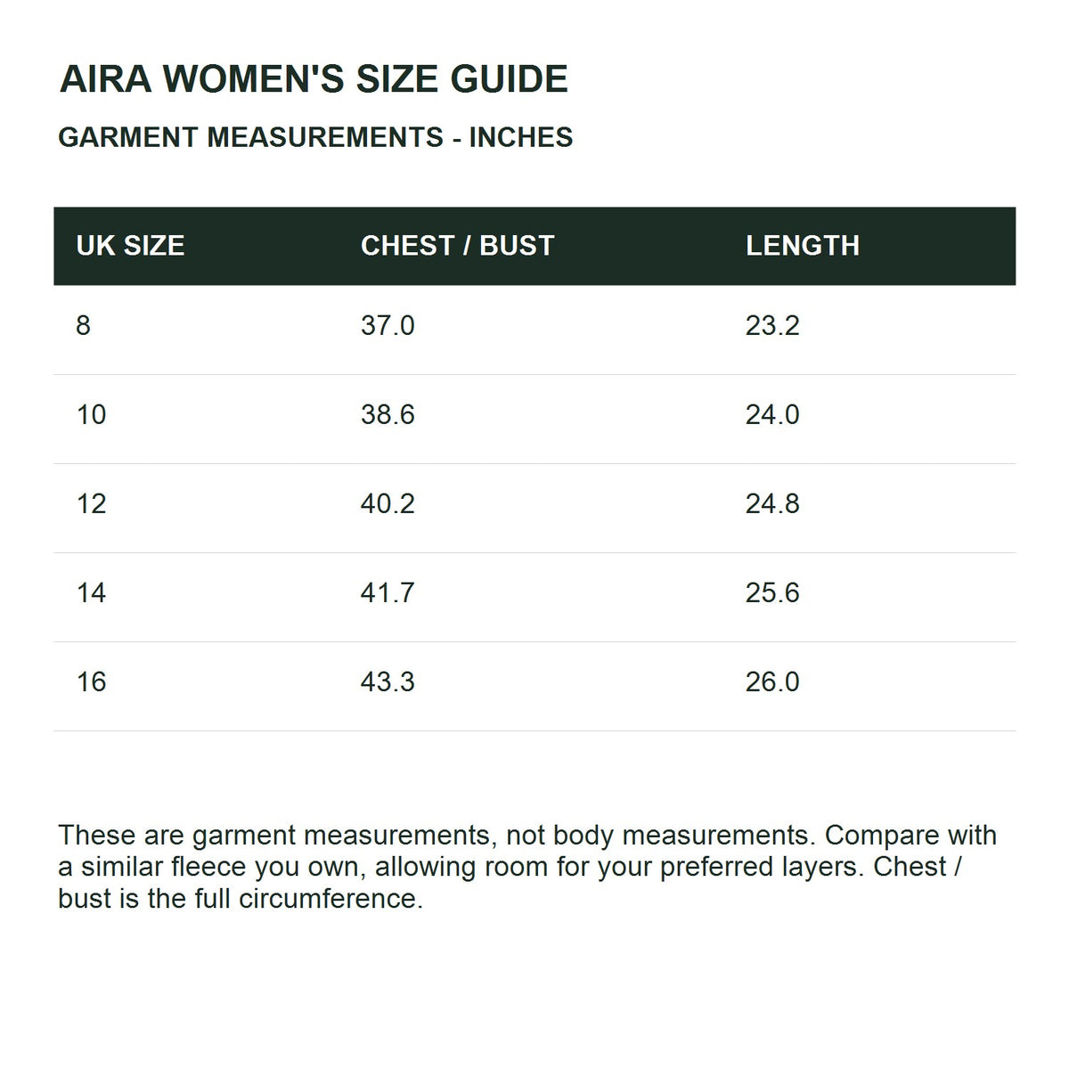 Aira women's hooded fleece — size guide