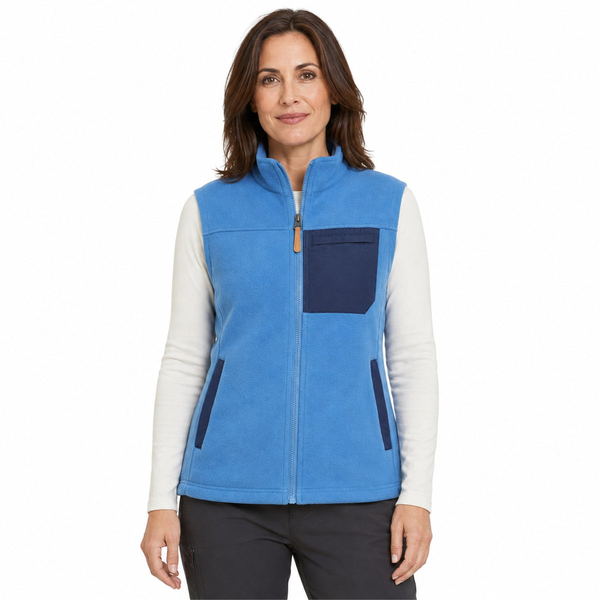 Borrowdale women's Blue fleece gilet with contrasting navy chest pocket and pocket trims, worn on a model against a white background