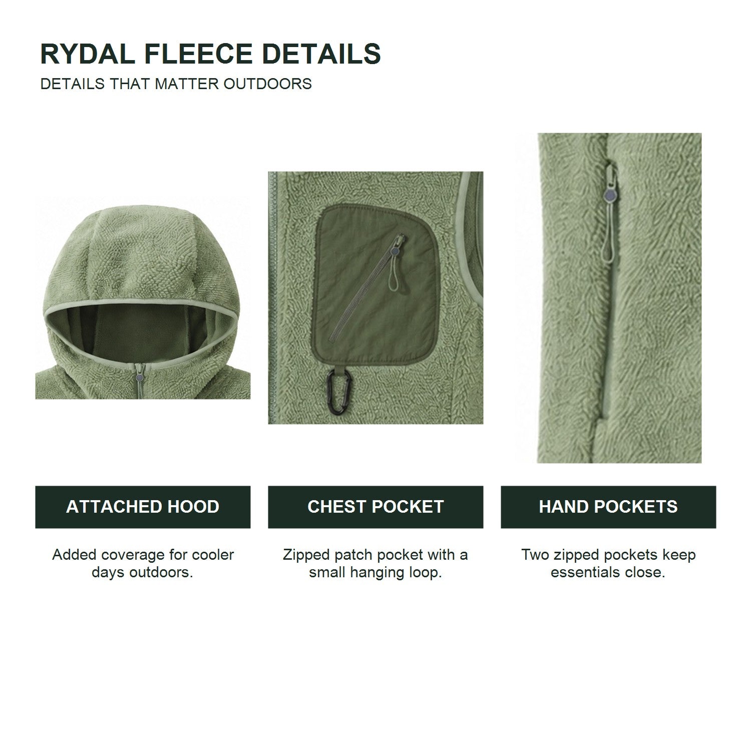 Rydal hooded fleece gilet — feature details
