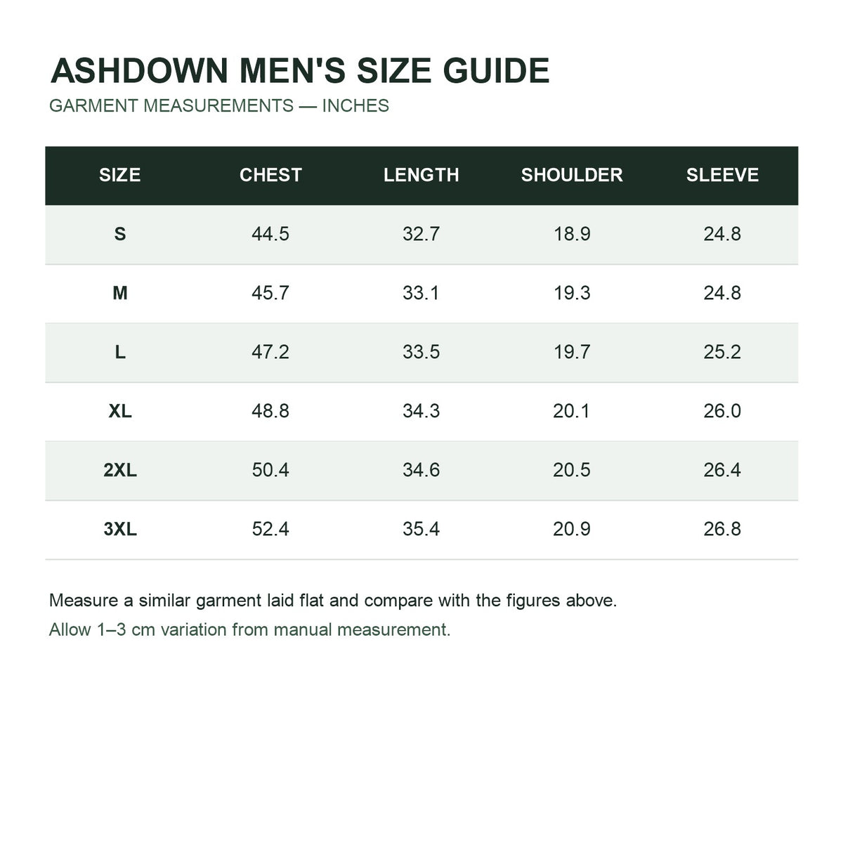 Ashdown Men's Lightweight Insulated Coat - size guide