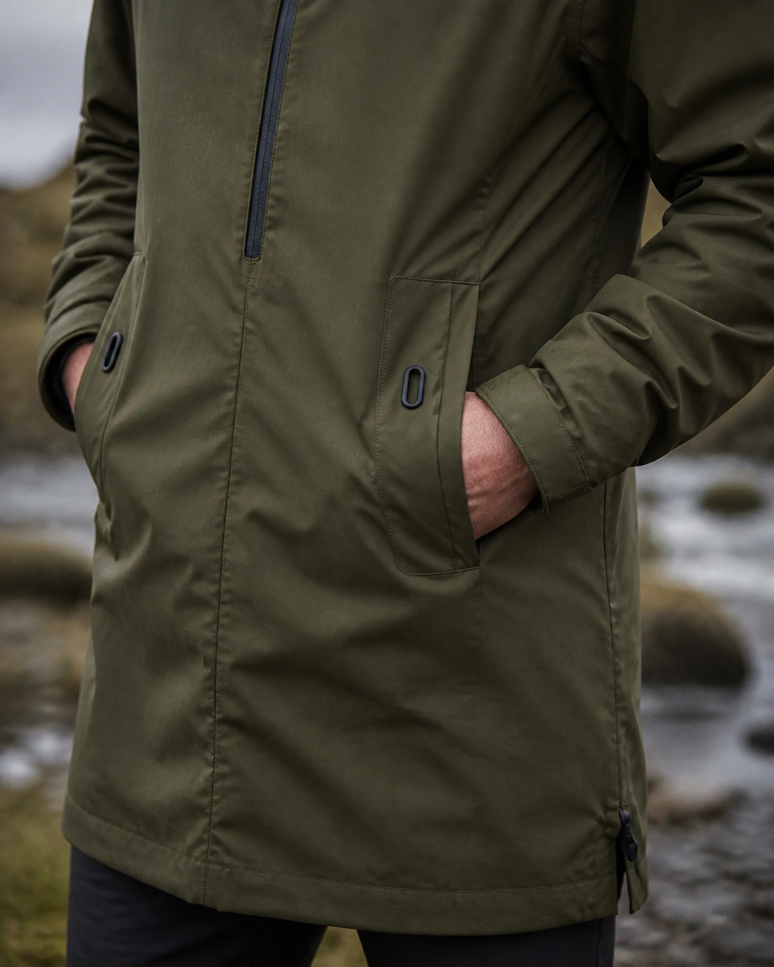 Moorland Longline Hooded Windbreaker Jacket - Army Green pocket detail