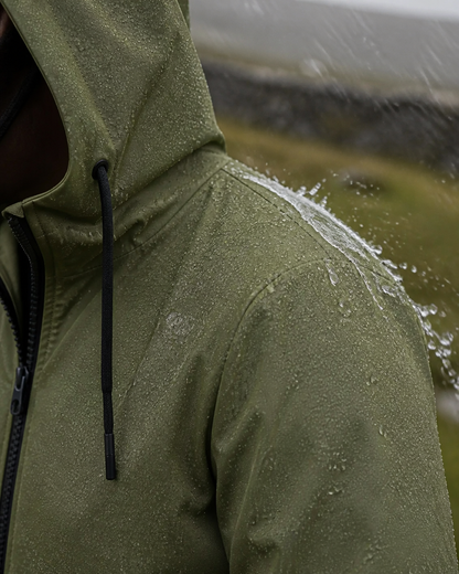 Moorland Longline Hooded Windbreaker Jacket - Army Green waterproof fabric detail