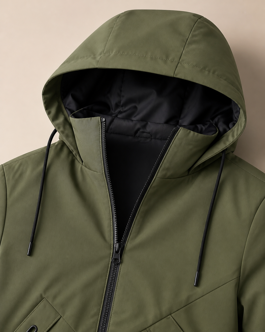 Moorland Longline Hooded Windbreaker Jacket - Army Green hood and zip detail