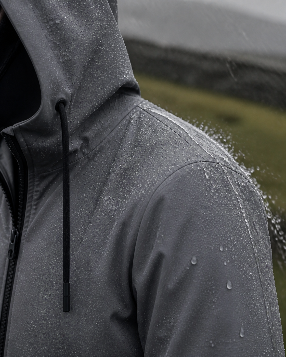 Moorland Longline Hooded Windbreaker Jacket - Charcoal Grey waterproof fabric detail