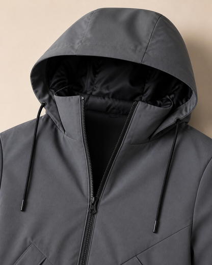 Moorland Longline Hooded Windbreaker Jacket - Charcoal Grey hood and zip detail