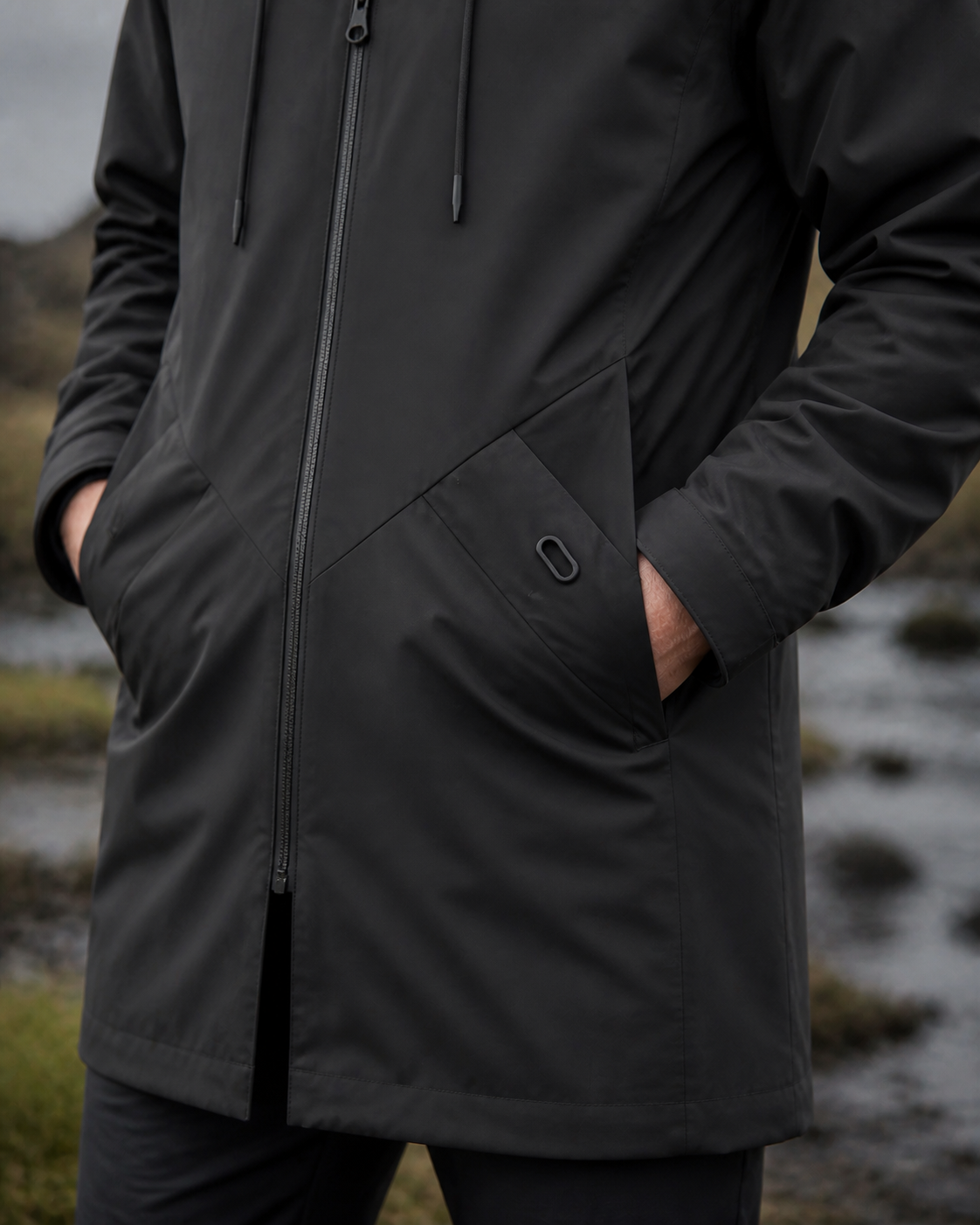 Moorland Longline Hooded Windbreaker Jacket - Black pocket detail