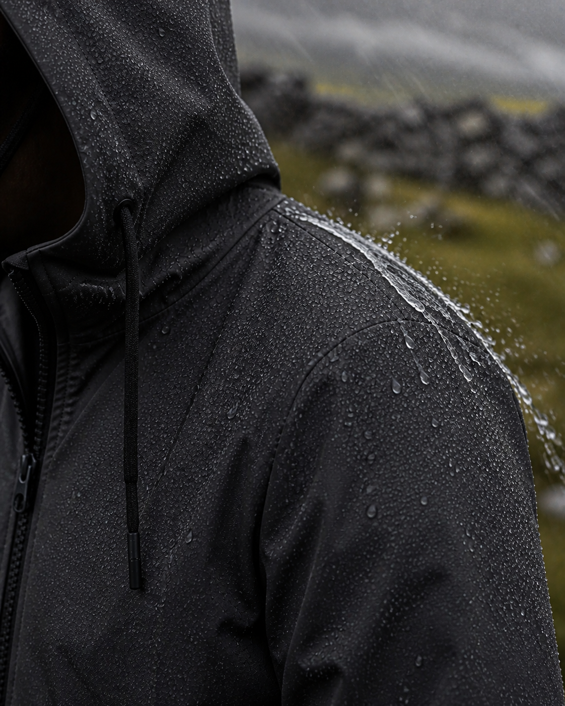 Moorland Longline Hooded Windbreaker Jacket - Black waterproof fabric detail