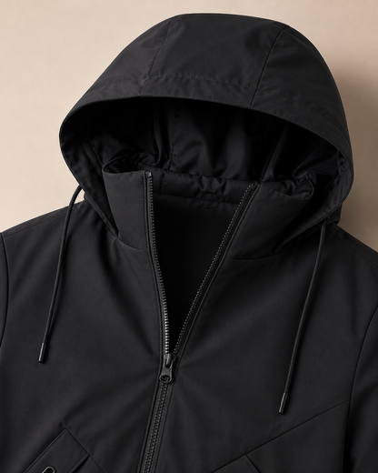 Moorland Longline Hooded Windbreaker Jacket - Black hood and zip detail