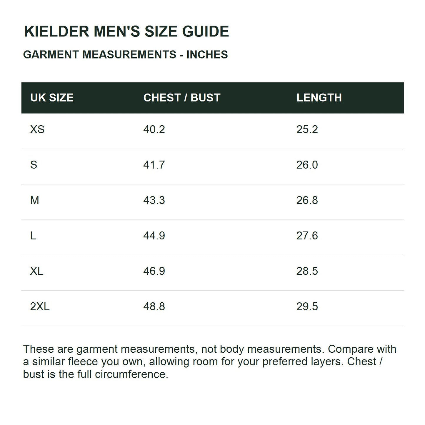 Kielder men's zip-neck fleece pullover - size guide
