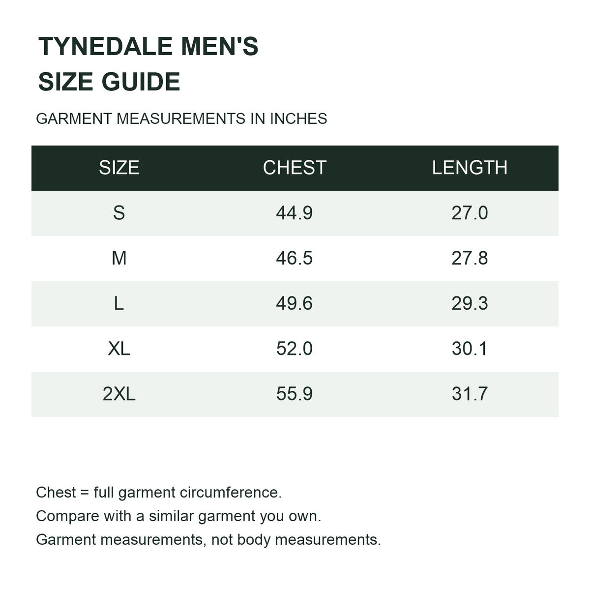 Tynedale men's heated jacket garment size guide in inches