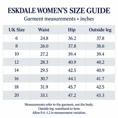 Eskdale W size chart trousers