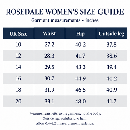 Rosedale W size chart trousers