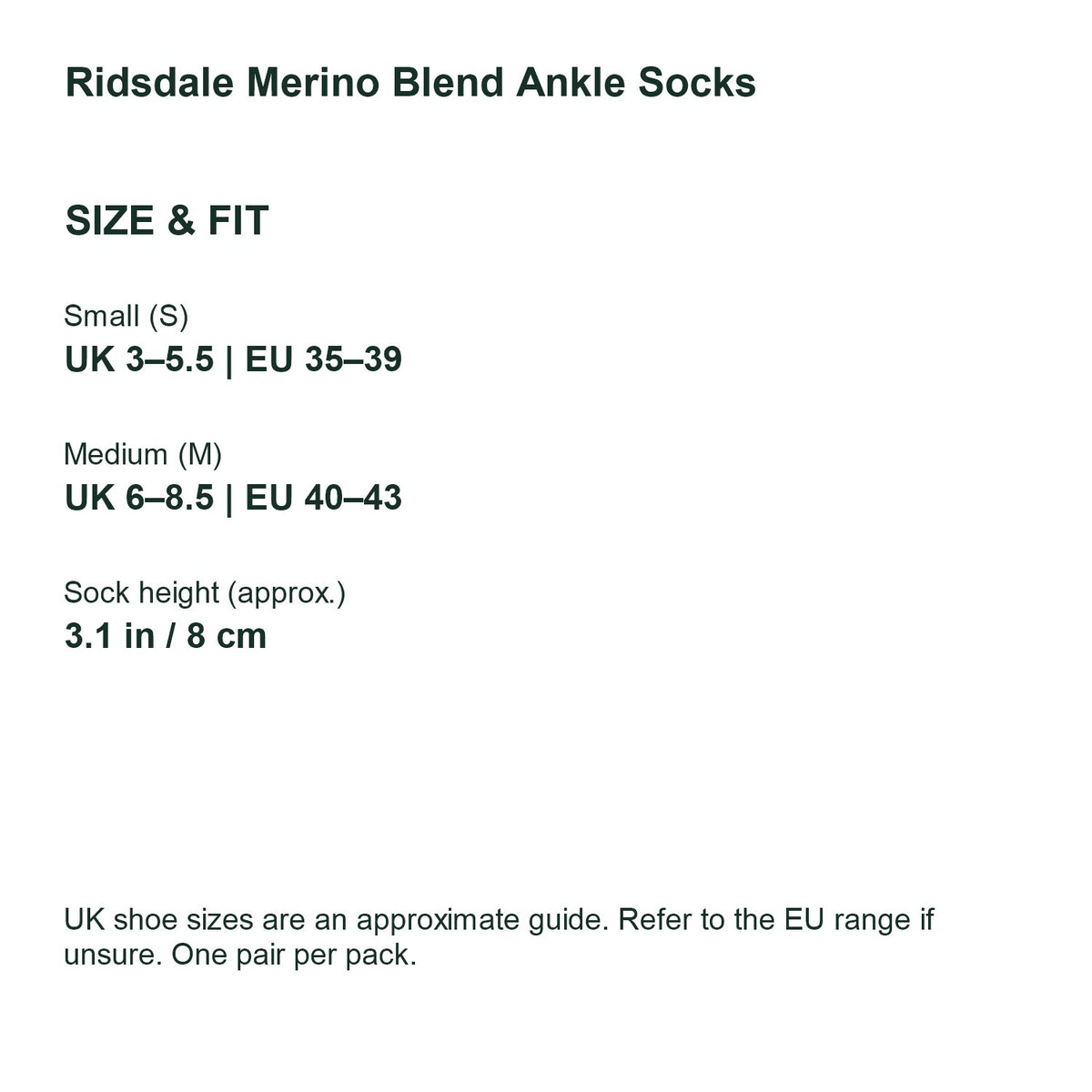 Ridsdale merino blend ankle socks – UK and EU size guide