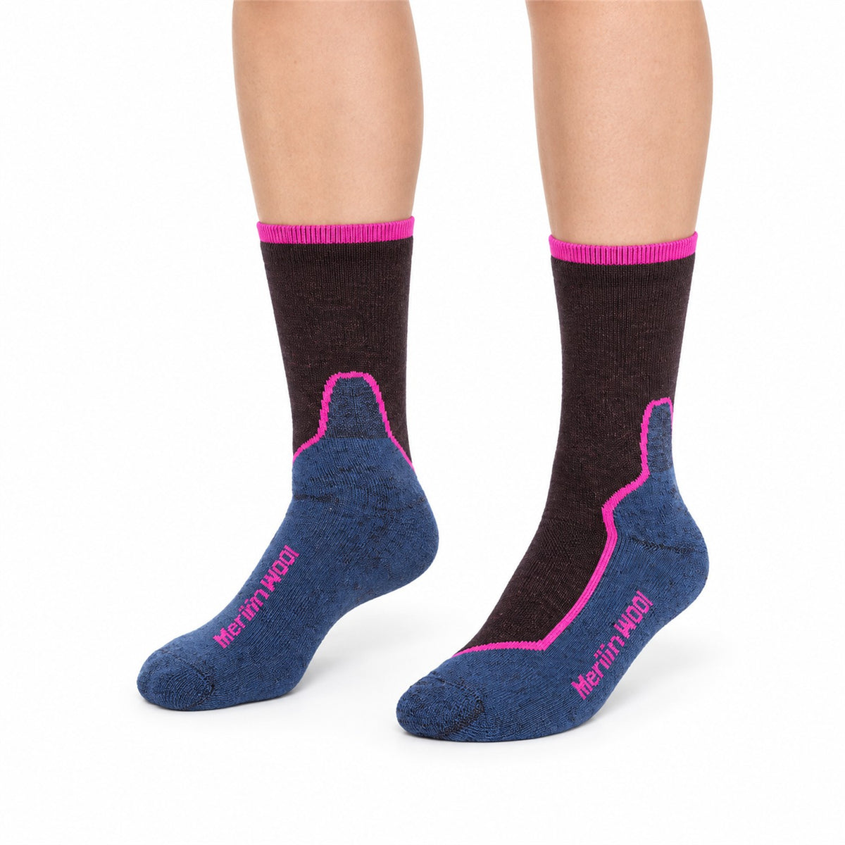 Falstone merino blend hiking socks – Blue / Pink fit on white background