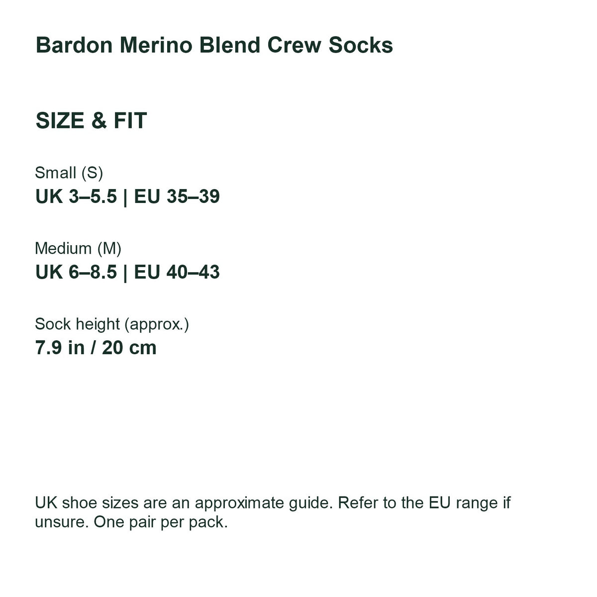 Bardon merino blend crew socks – UK and EU size guide