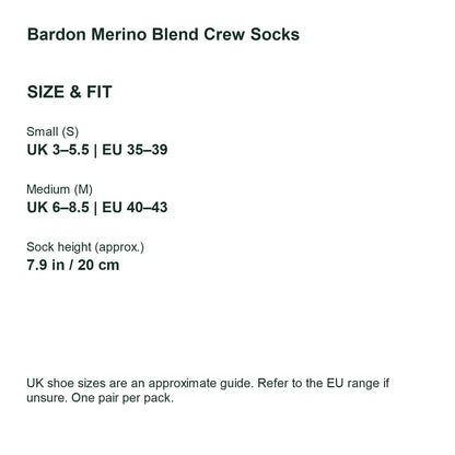 Bardon merino blend crew socks – UK and EU size guide