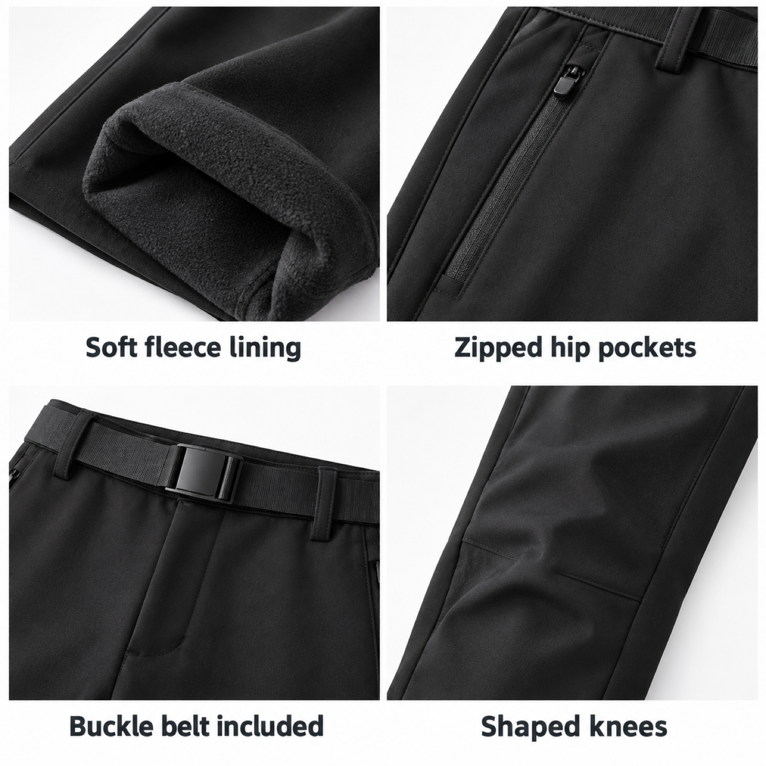 Malham trousers: fleece lining, zipped hip pockets, buckle belt and shaped knees
