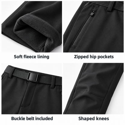 Malham trousers: fleece lining, zipped hip pockets, buckle belt and shaped knees