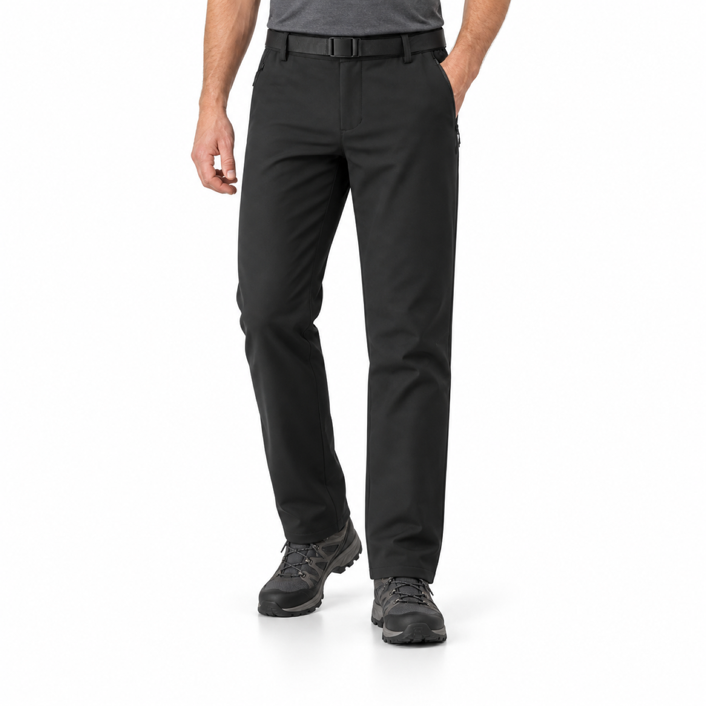 Malham men's black trousers, waist-down studio view