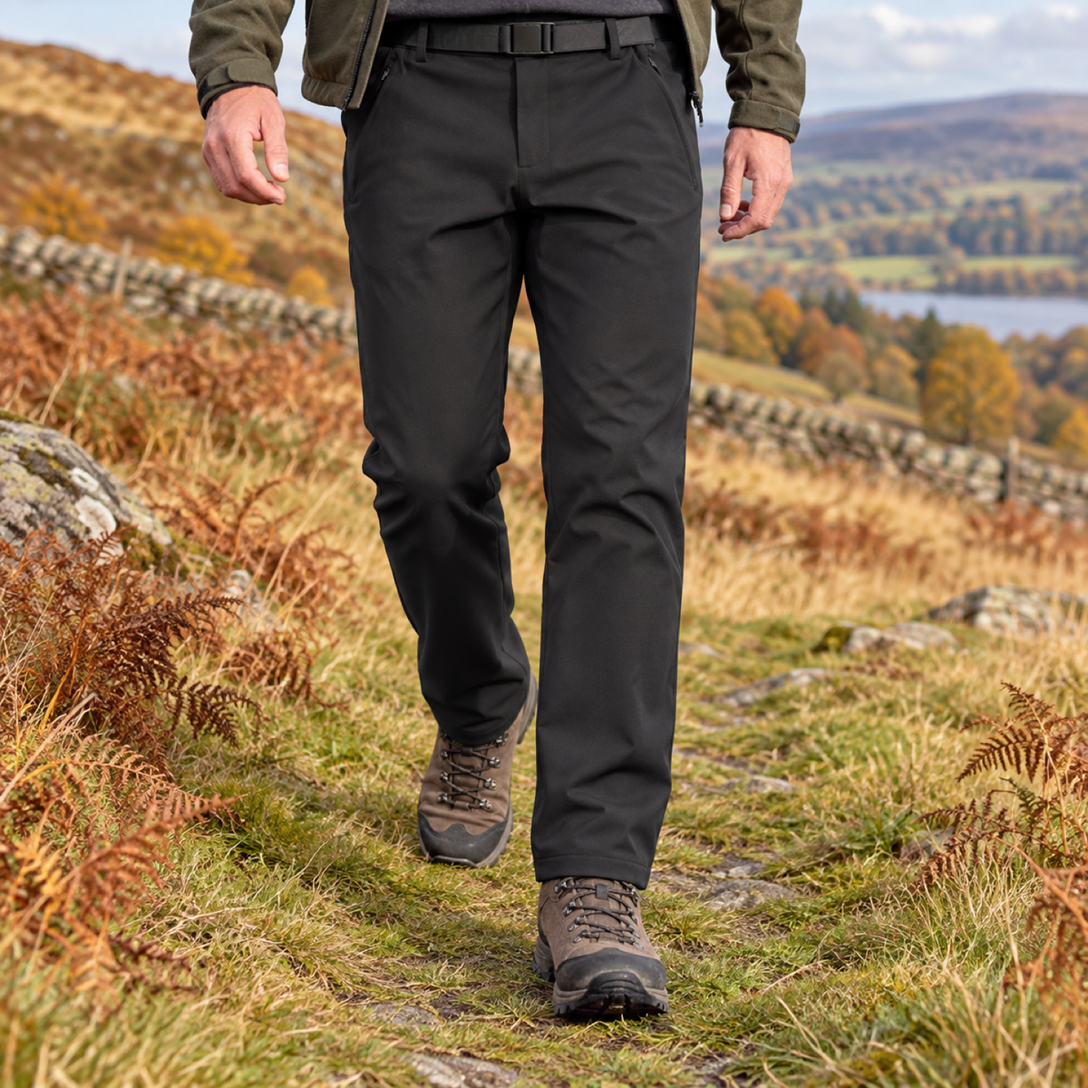 Malham men's black trousers on an autumn walk