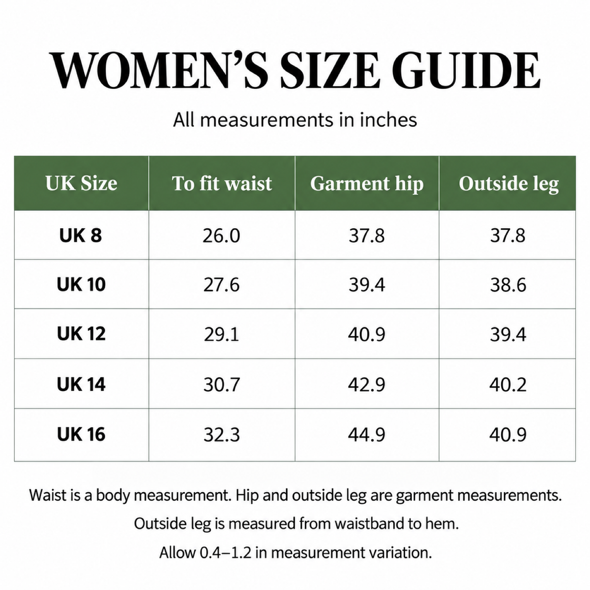 Malham women's UK size guide in inches: waist, garment hip and outside leg