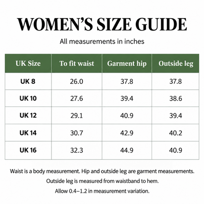 Malham women's UK size guide in inches: waist, garment hip and outside leg