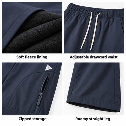 Cheviot trousers: fleece lining, drawcord waist, zipped storage and roomy straight leg