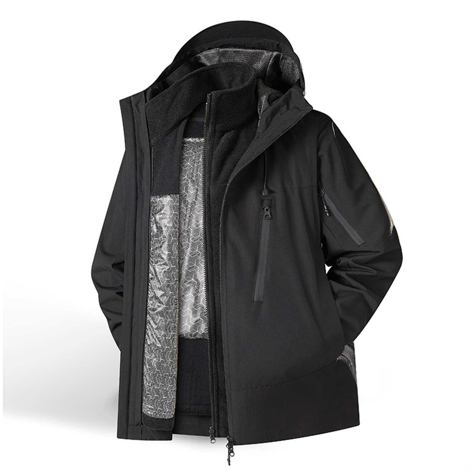 Kestrel 3-in-1 outdoor jacket in black, front view on white