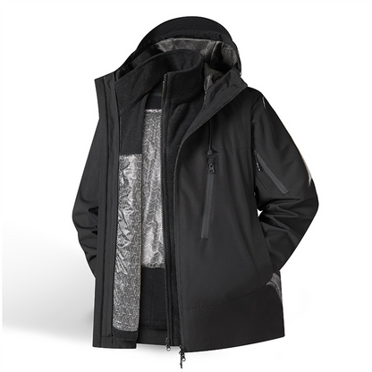 Kestrel 3-in-1 outdoor jacket in black, front view on white