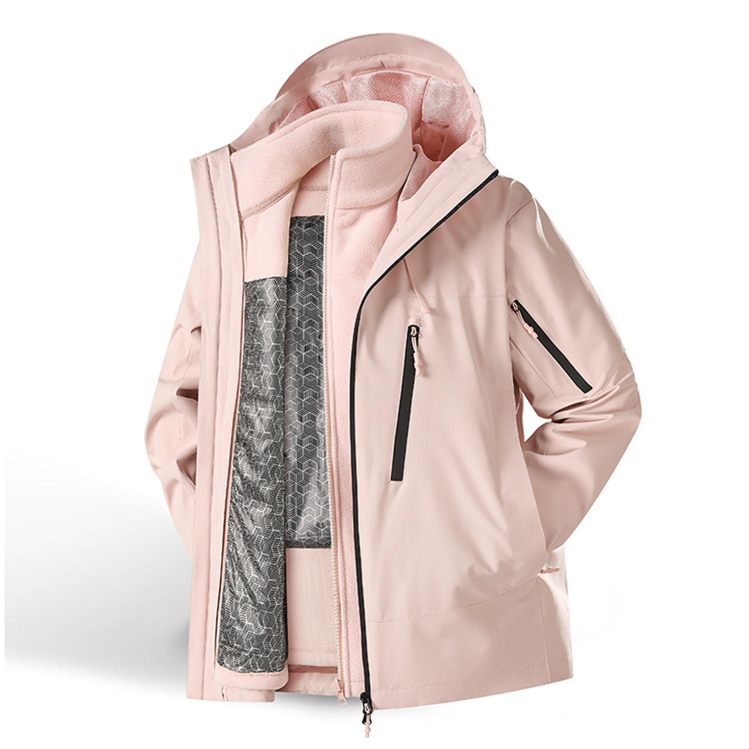 Kestrel 3-in-1 outdoor jacket in blush pink, front view on white